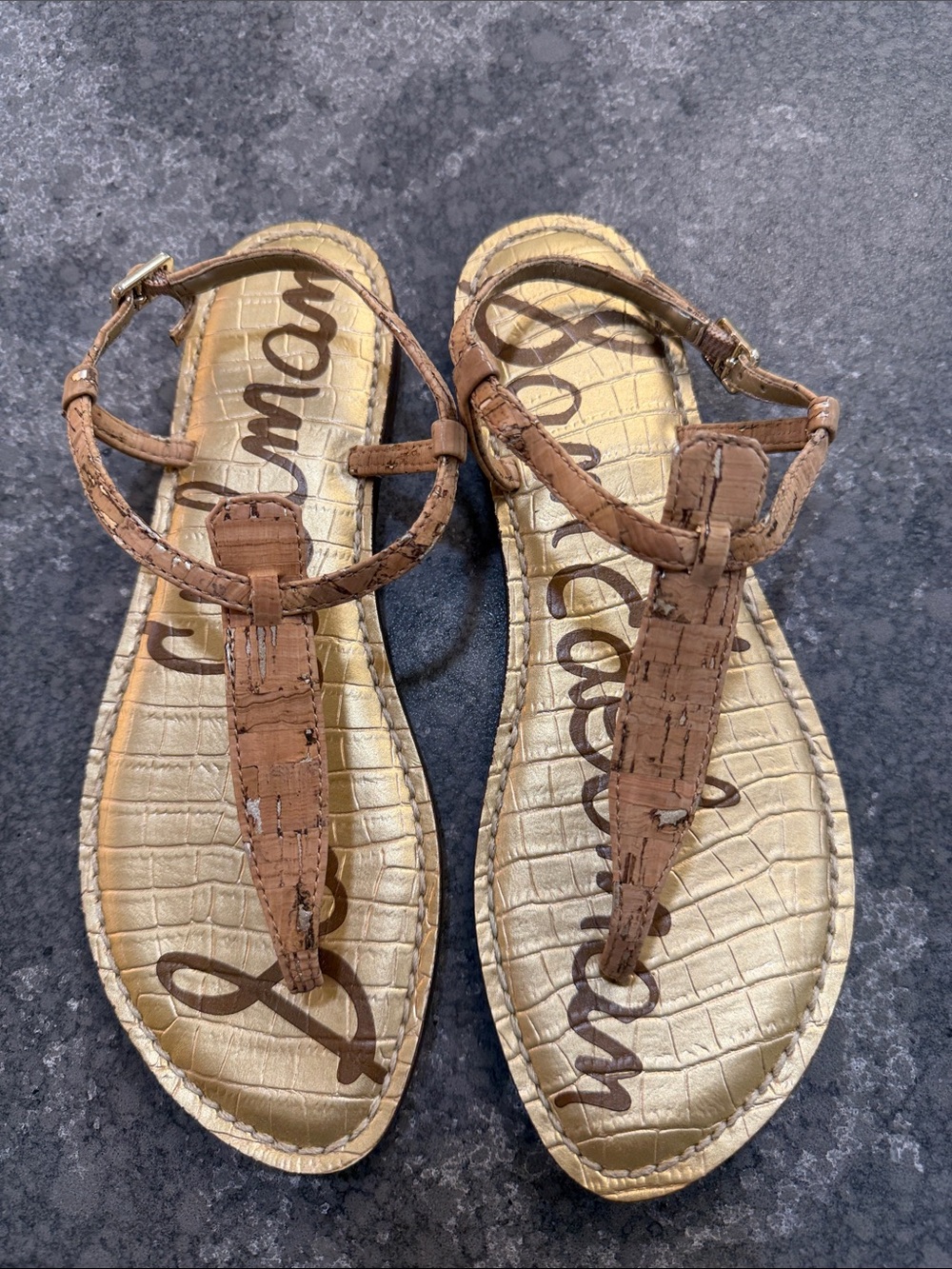 Sam Edelman Gold Footbed Brown T-Strap Sandals